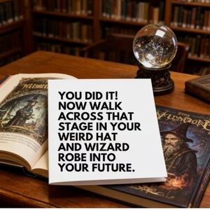 Humorous Wizard Graduation Card & Envelope "Walk Into Your Future" Funny Card